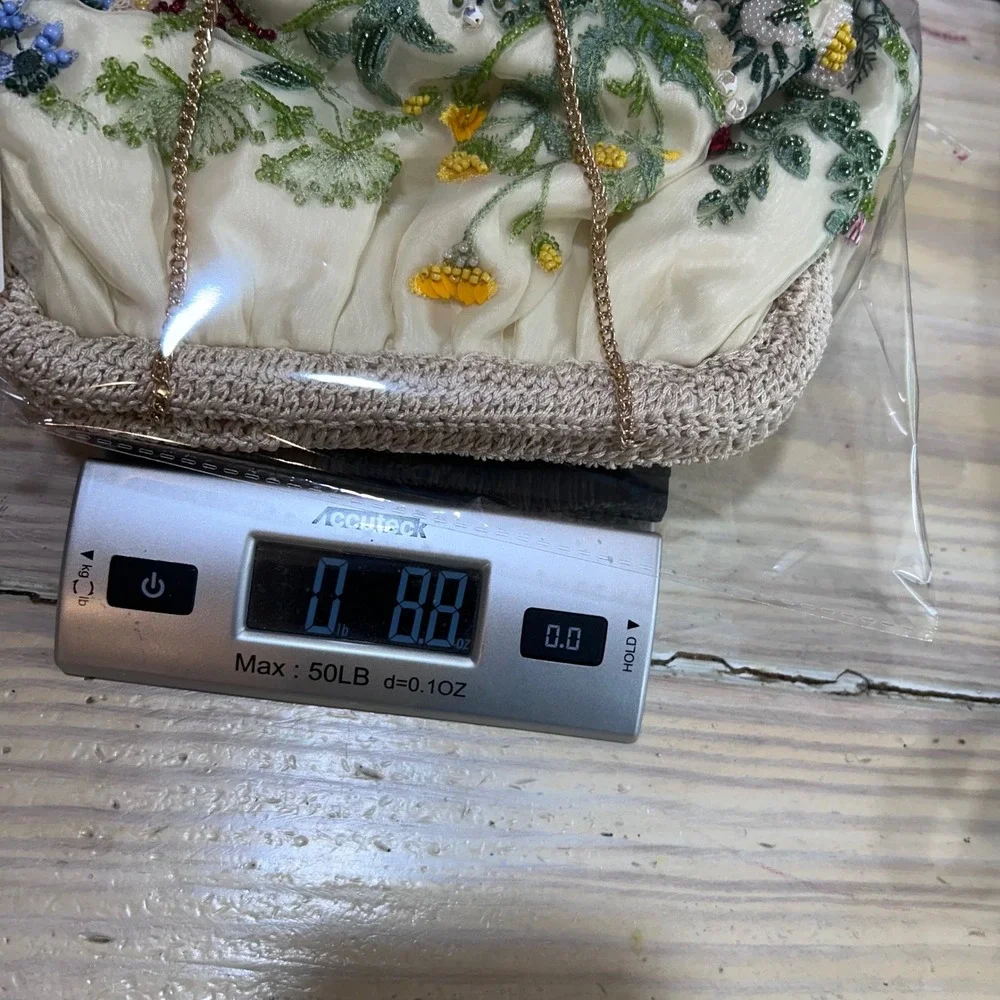 Floral Beaded Embroidered Evening Clutch Bag Cream Gold Chain Handcrafted